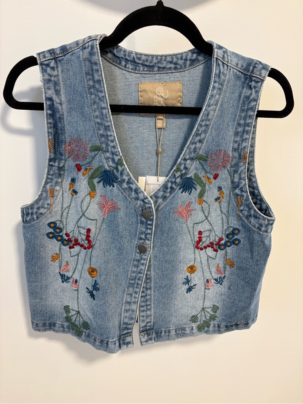 Culture Embroidered Light Wash Denim Vest with Floral Accent- NEW!